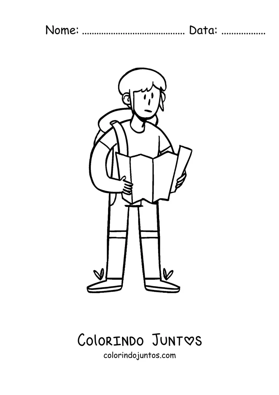 Desenho para colorir de um desenho de um mochileiro lendo um mapa