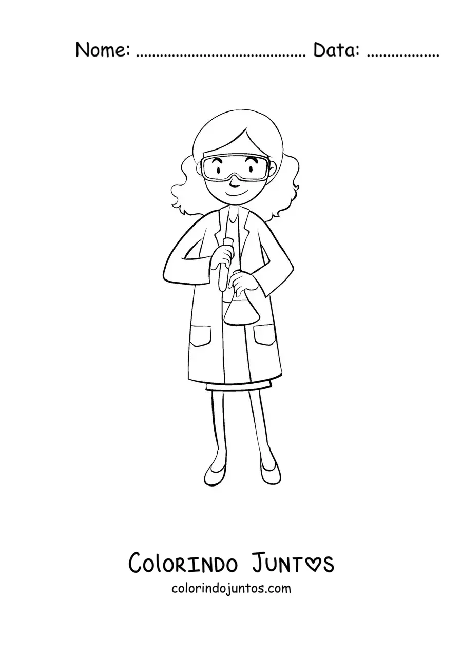Desenho para colorir de uma mulher cientista segurando um experimento