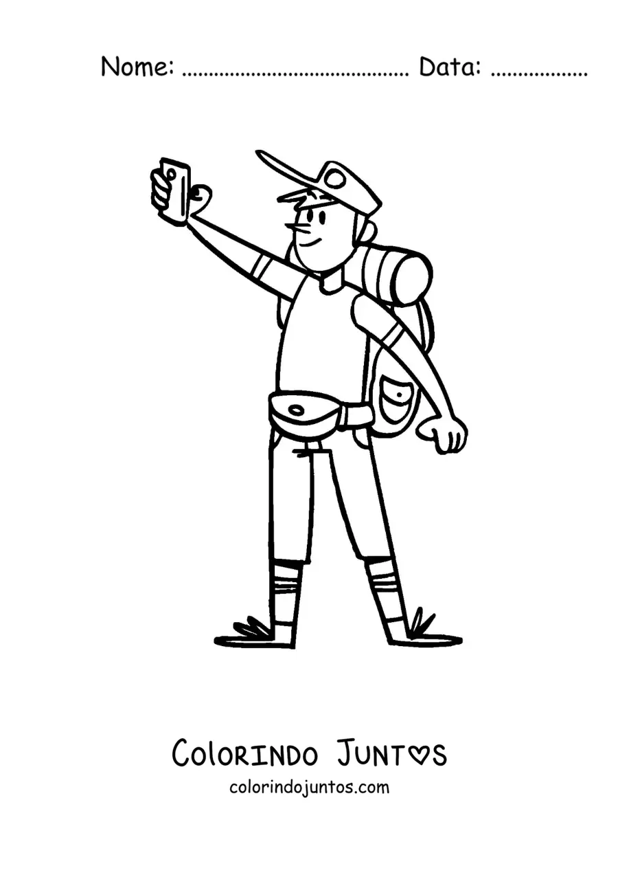 Desenho para colorir de um desenho de um mochileiro tirando uma selfie