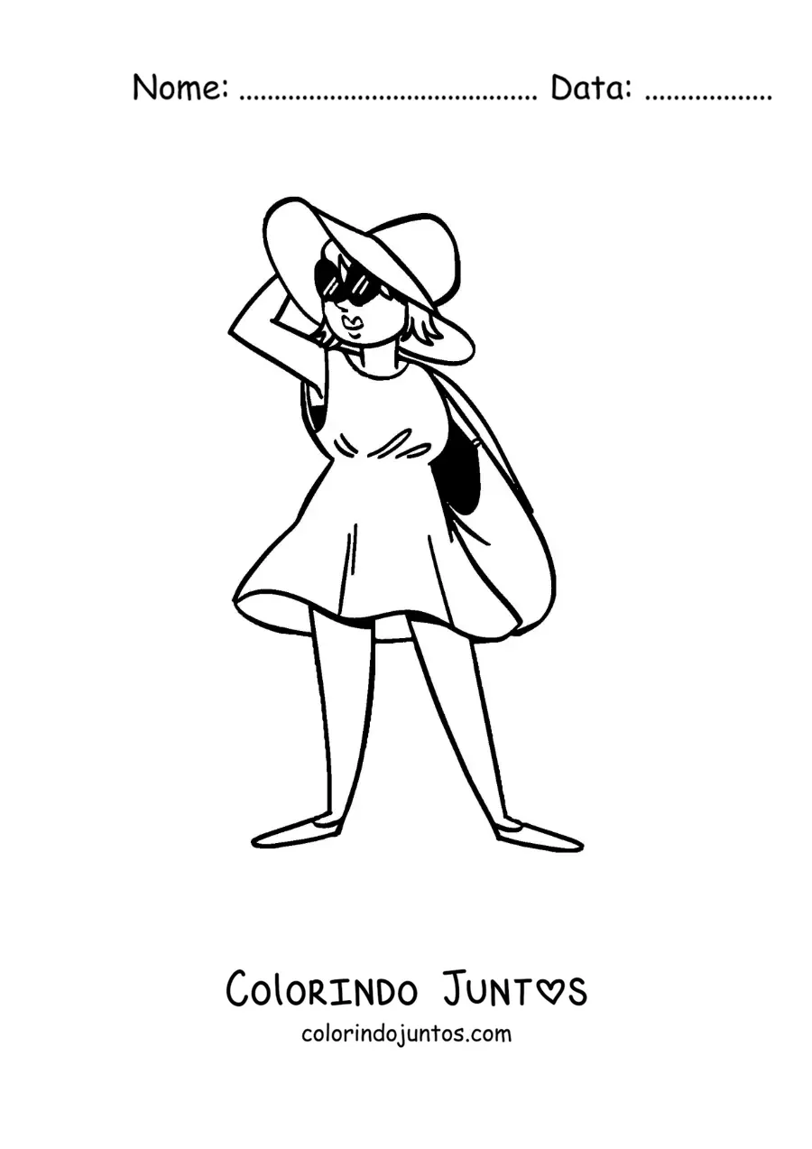Desenho para colorir de um desenho de uma garota turista na praia com óculos de sol