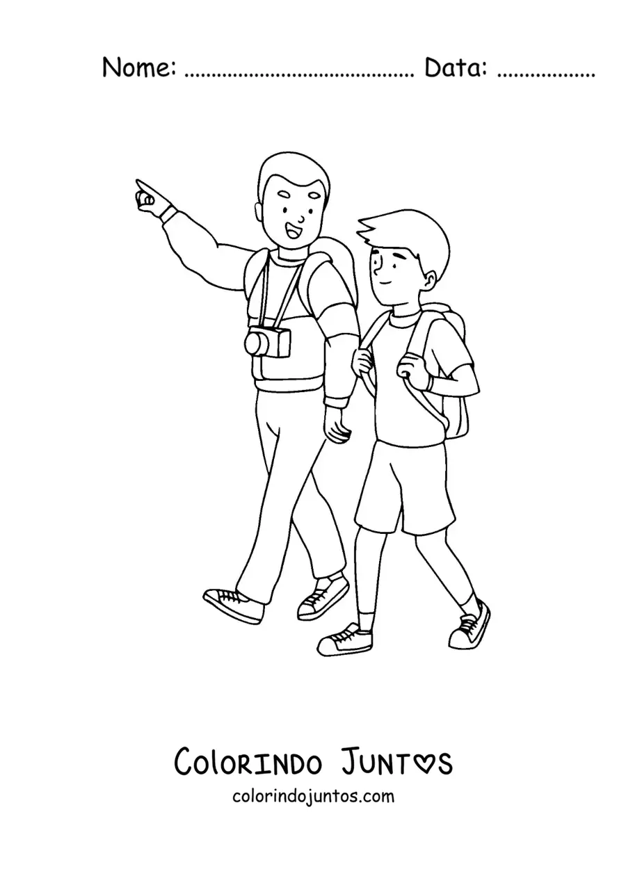 Desenho para colorir de um pai turista caminhando com o filho