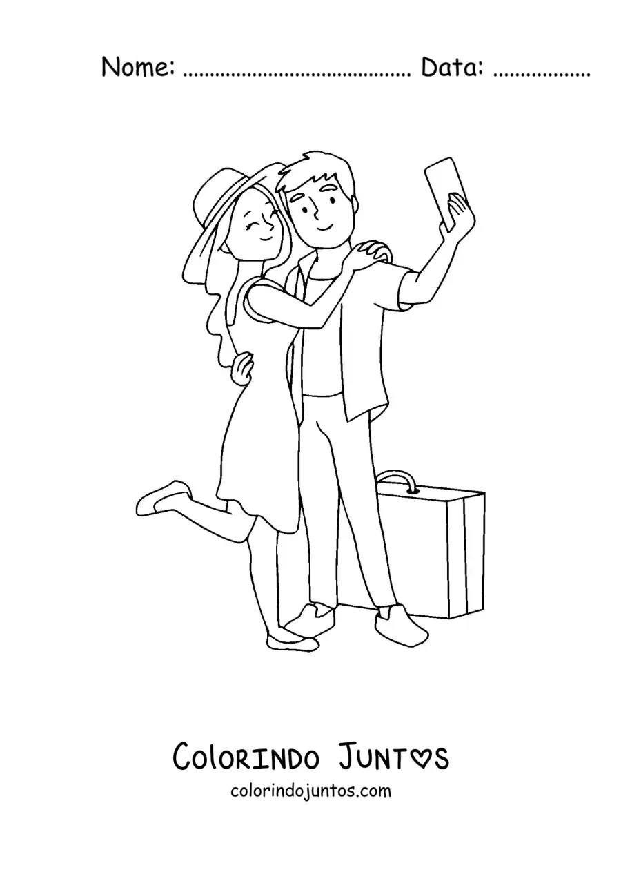 Desenho para colorir de um casal de turistas tirando uma selfie