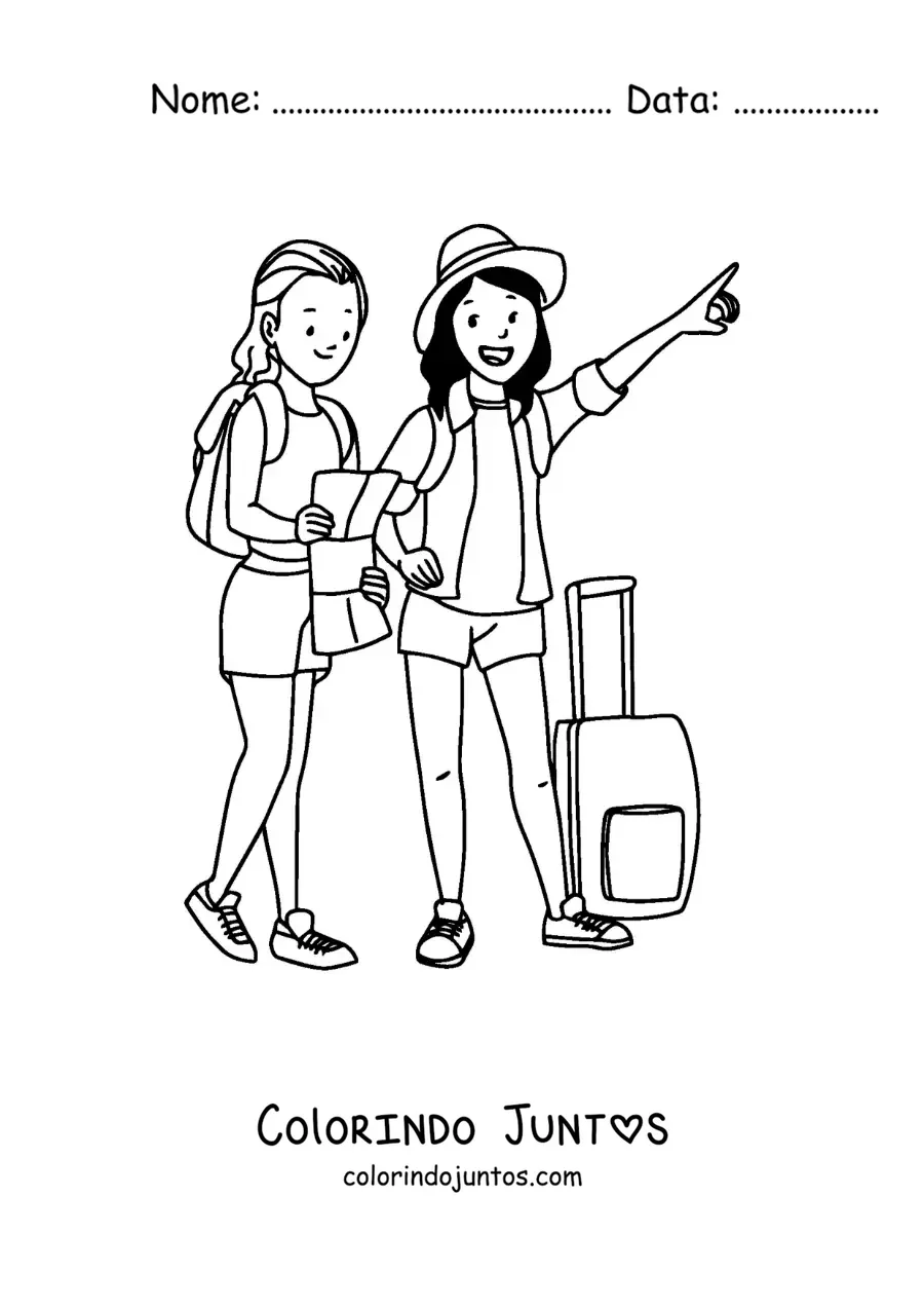 Desenho para colorir de duas garotas turistas com bagagem e um mapa