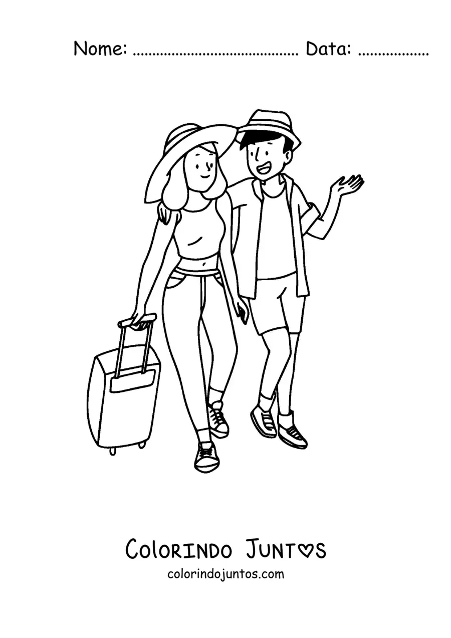 Desenho para colorir de um casal de turistas caminhando com a bagagem