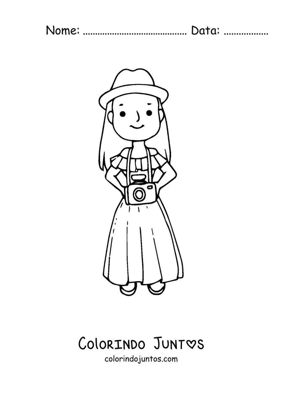 Desenho para colorir de uma turista com a câmera e um chapéu