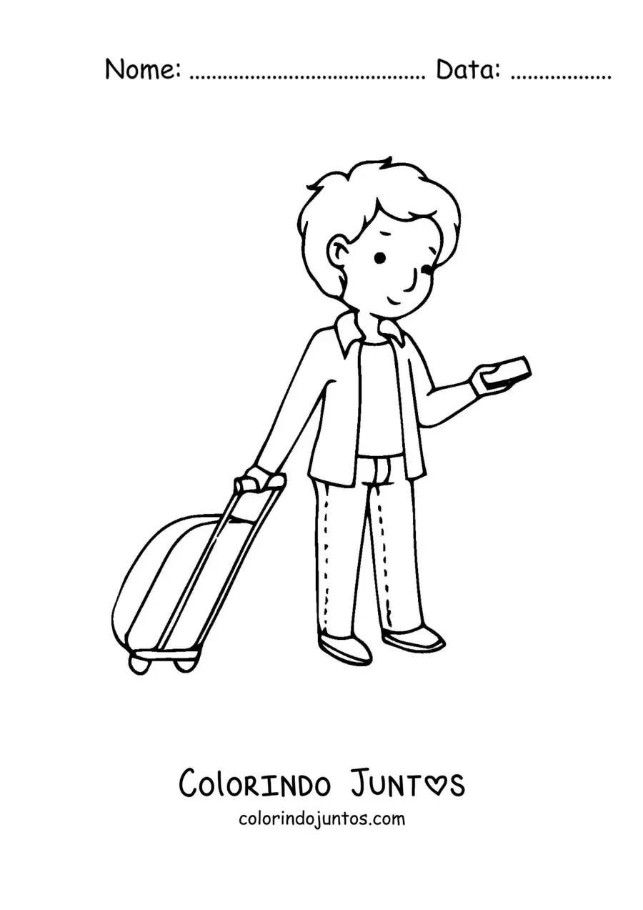 Desenho para colorir de um menino com uma mala olhando o celular