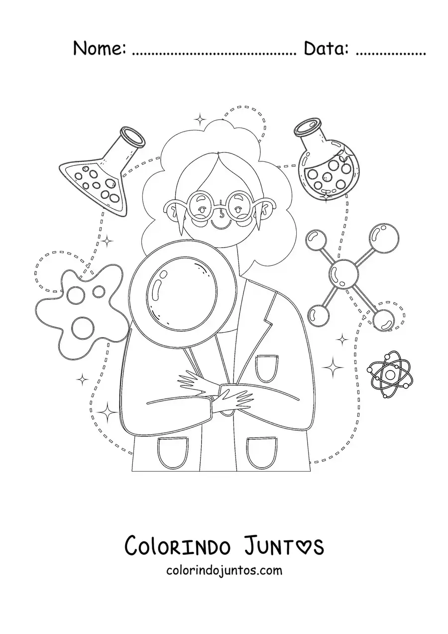 Desenho para colorir de uma mulher cientista rodeada de instrumentos de ciência