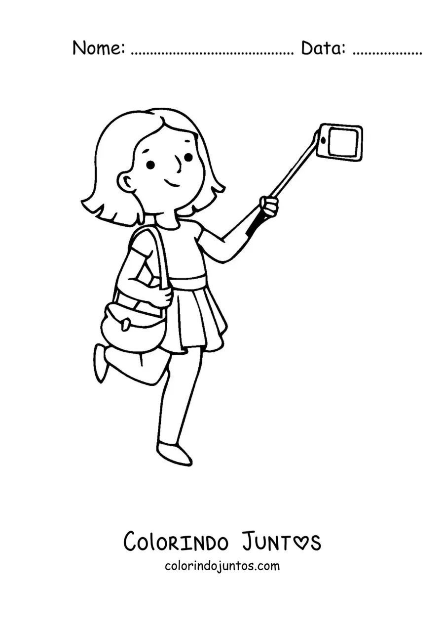 Desenho para colorir de uma garota turista tirando uma selfie