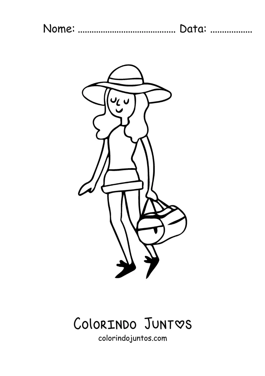 Desenho para colorir de uma garota turista com a bagagem
