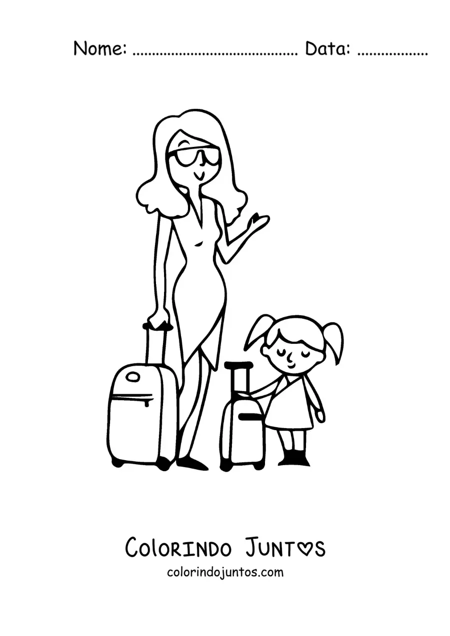 Desenho para colorir de uma mãe viajante com a filha
