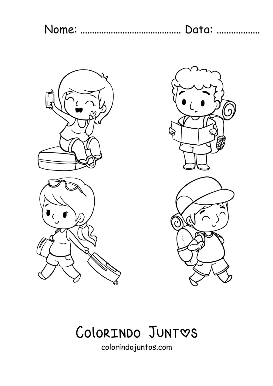 Desenho para colorir de turistas kawaii com a bagagem