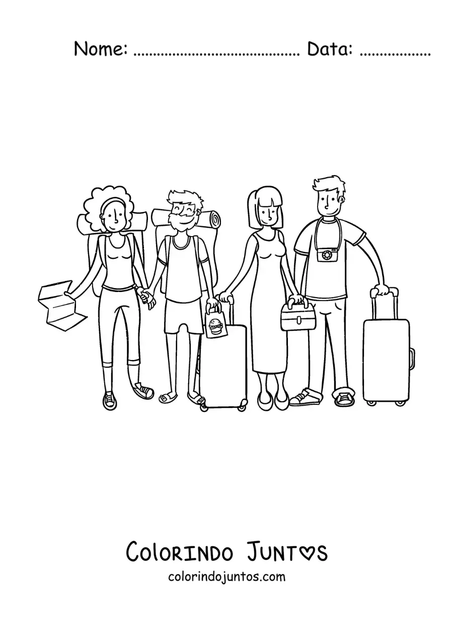 Desenho para colorir de um grupo de amigos de férias com malas