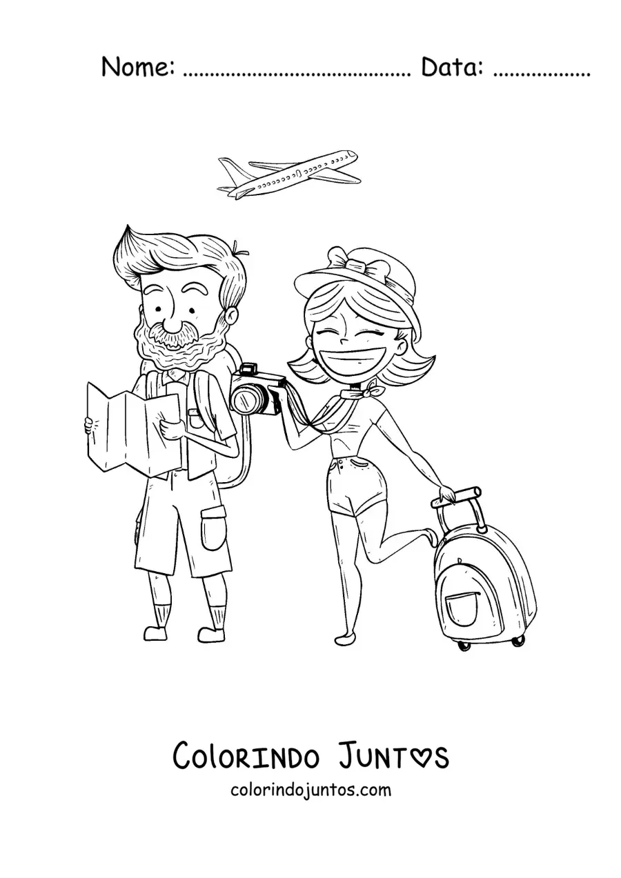 Desenho para colorir de um desenho de um casal de turistas