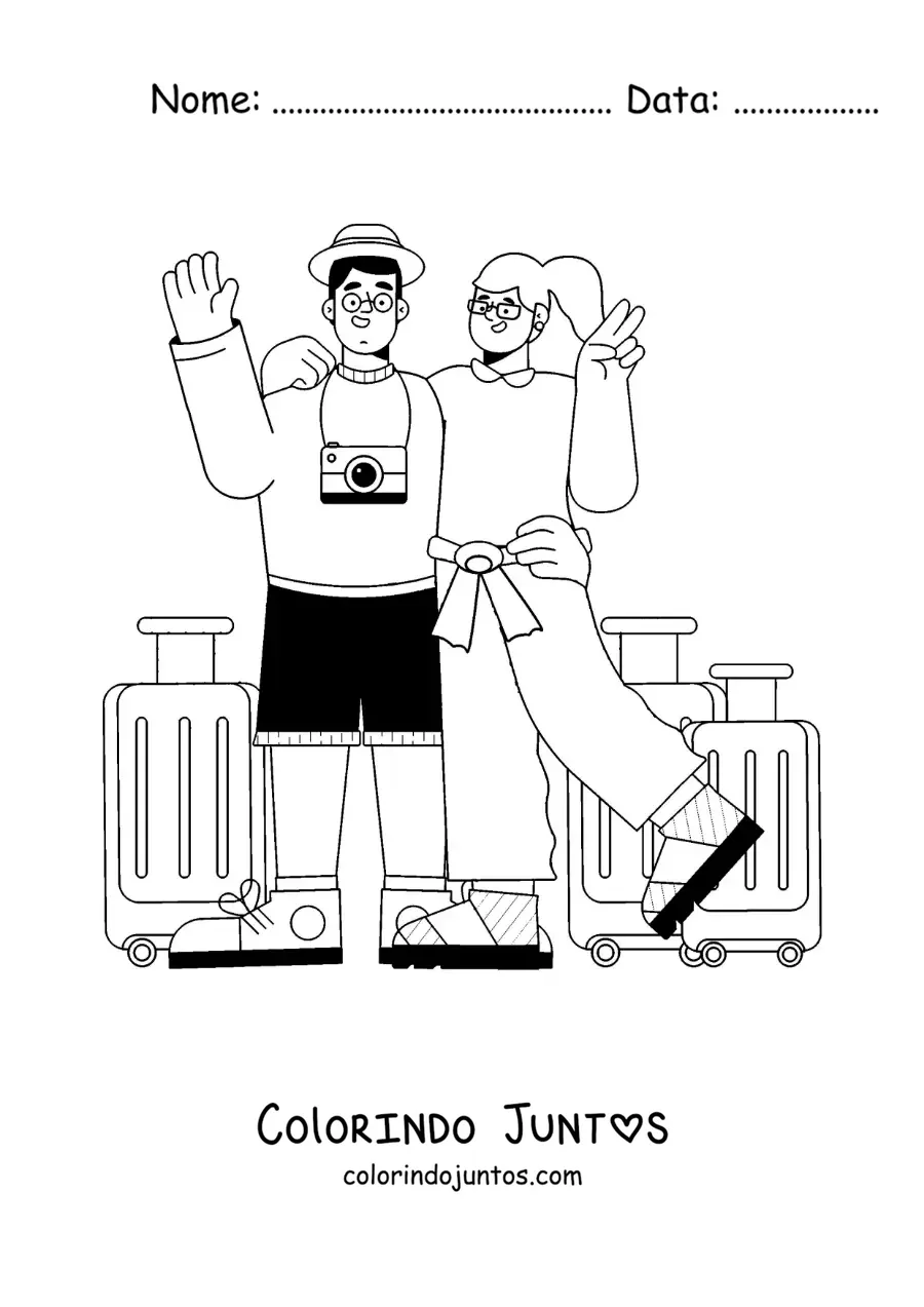 Desenho para colorir de um casal de viajantes com a bagagem e a câmera