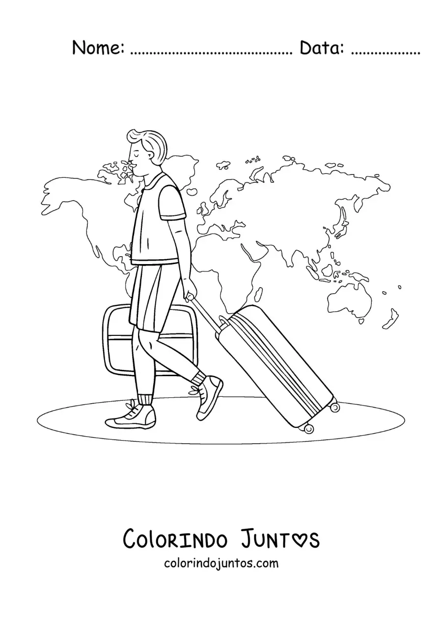 Desenho para colorir de um homem viajando pelo mundo com suas malas