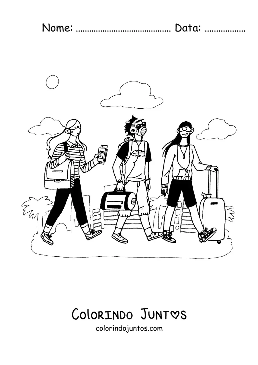 Desenho para colorir de um grupo de jovens com malas viajando na pandemia