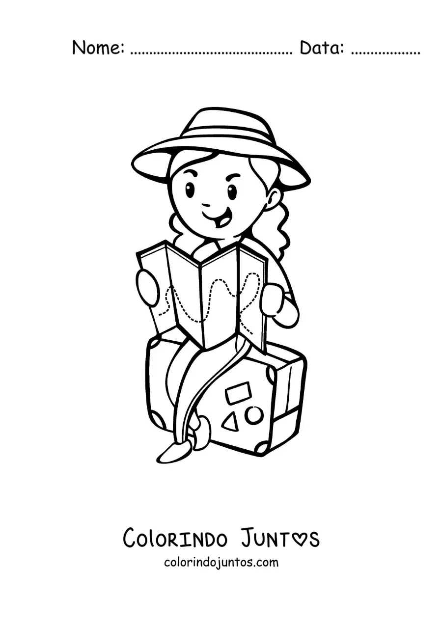 Desenho para colorir de uma turista sentada na mala lendo um mapa
