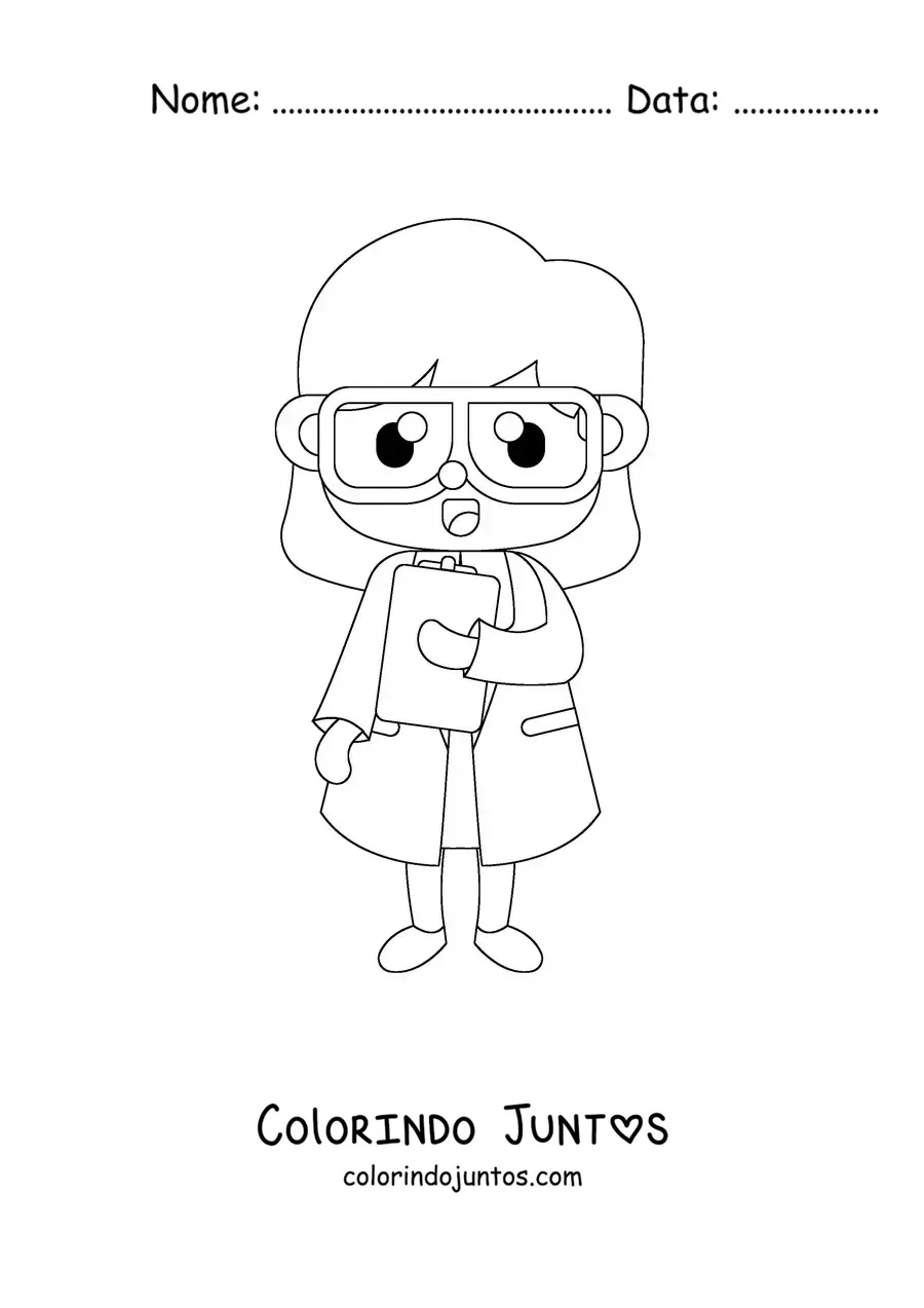 Desenho para colorir de uma mulher cientista kawaii