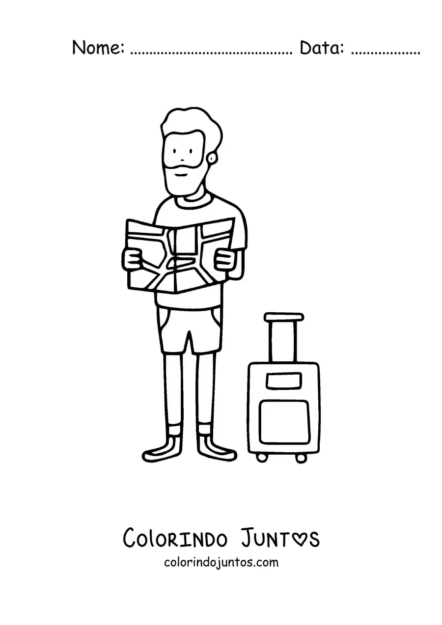 Desenho para colorir de um turista ao lado da mala lendo um mapa