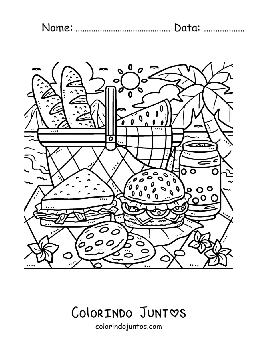 Desenho para colorir de uma cesta de piquenique na praia com um sanduíche e um hambúrguer