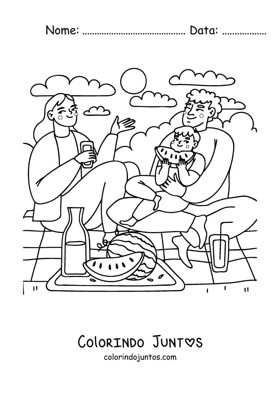 Desenho para colorir de uma família com uma criança fazendo um piquenique no parque