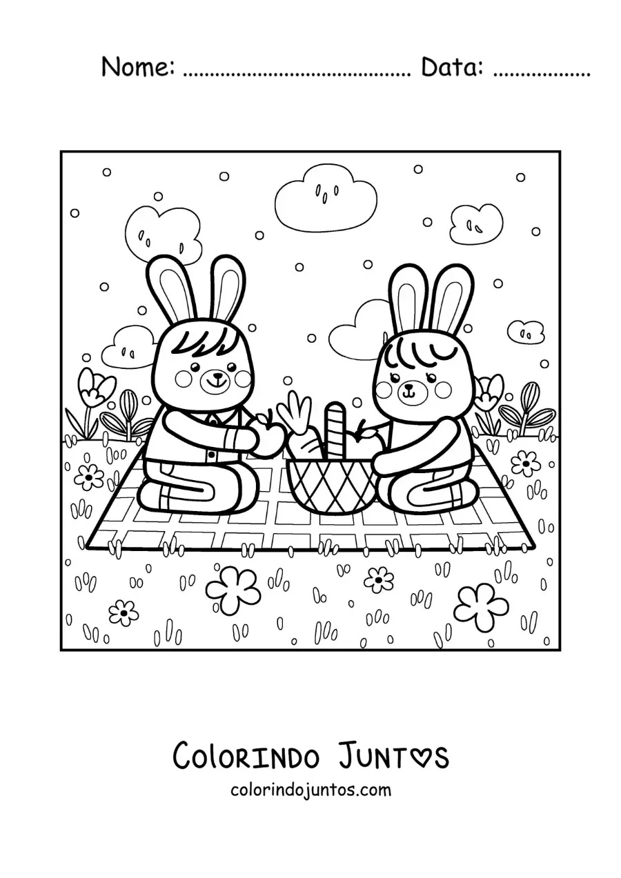 Desenho para colorir de dois coelhos animados kawaii em um piquenique no parque