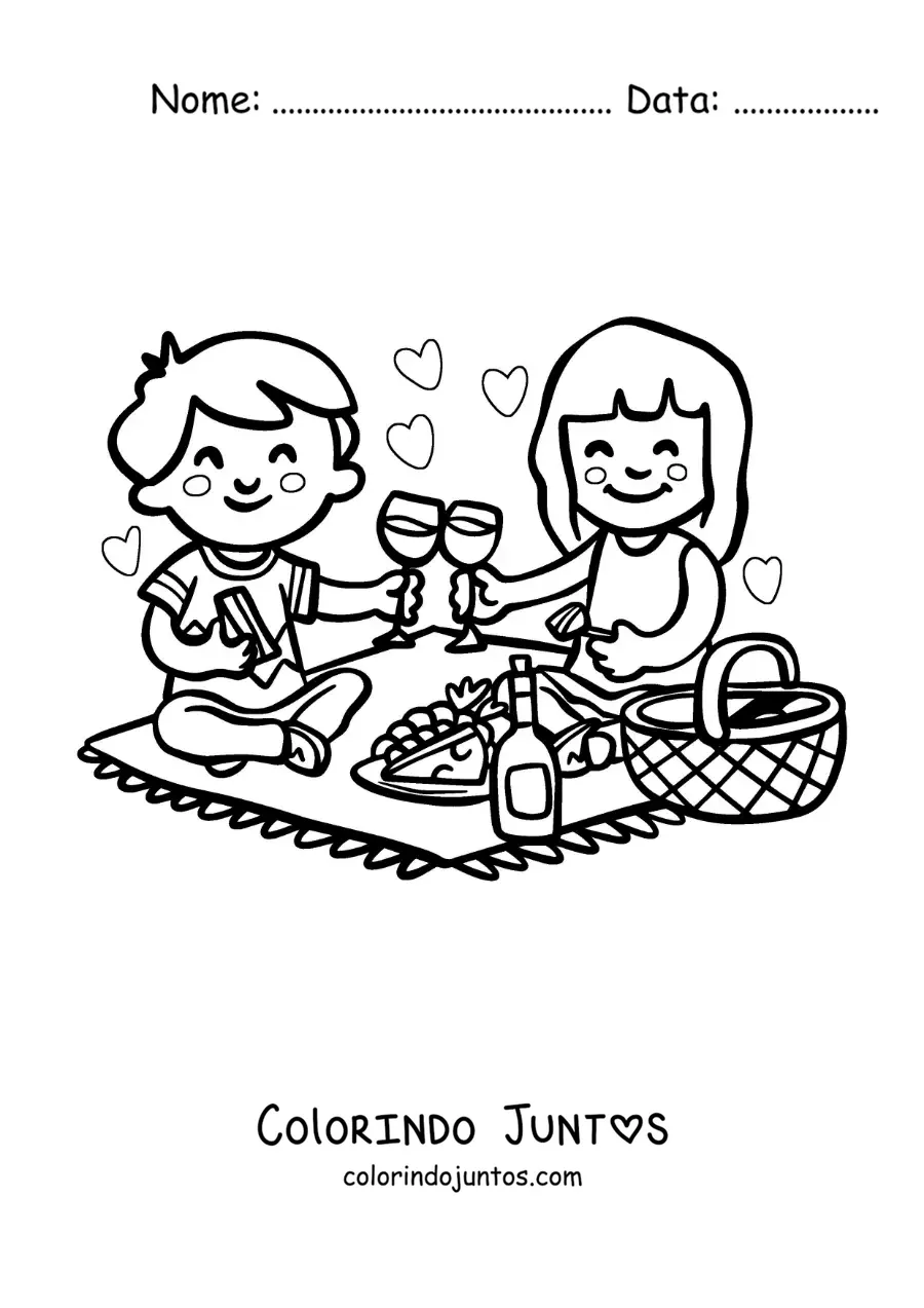 Desenho para colorir de dois apaixonados animados kawaii em um piquenique