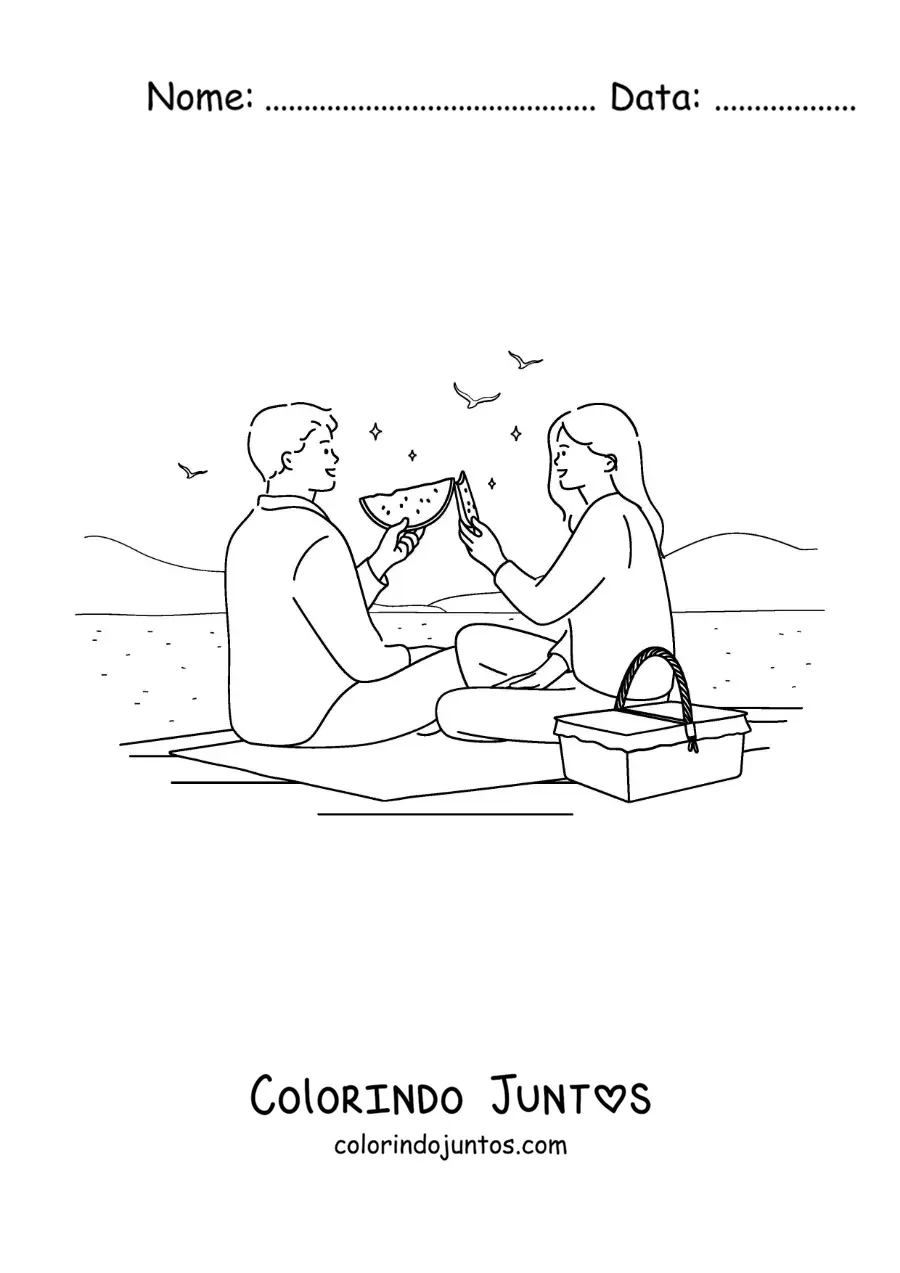 Desenho para colorir de um casal comendo melancia em um piquenique