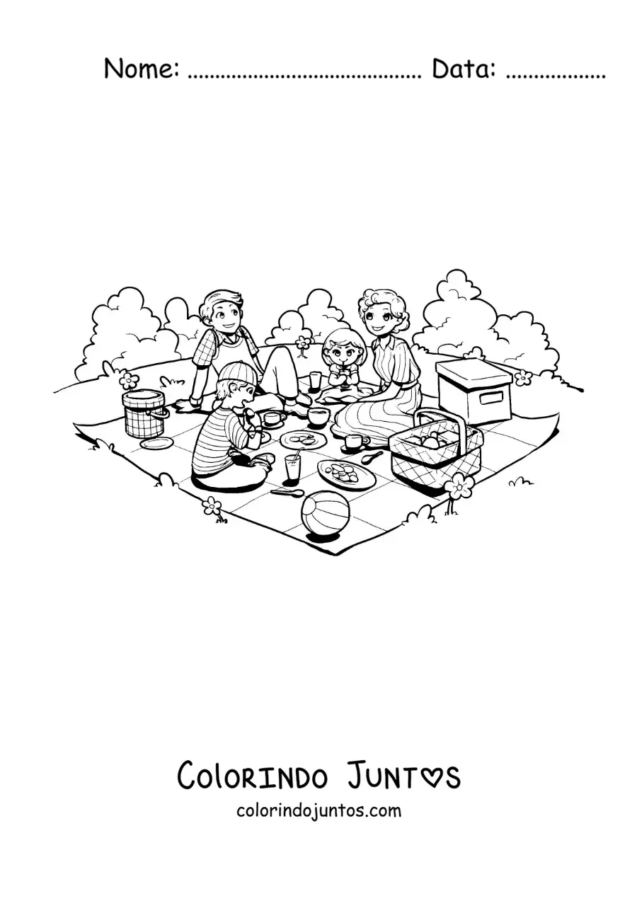 Desenho para colorir de uma família com crianças comendo em um piquenique no parque