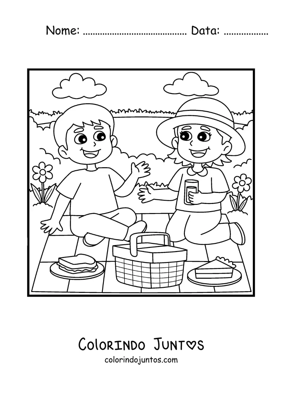 Desenho para colorir de duas crianças em um piquenique no parque