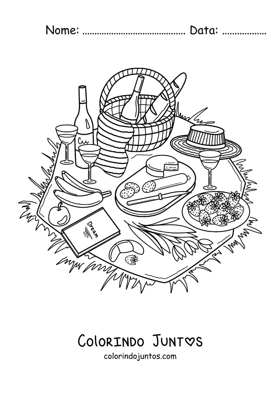 Desenho para colorir de uma toalha de piquenique com pão, queijo, frutas e outros alimentos