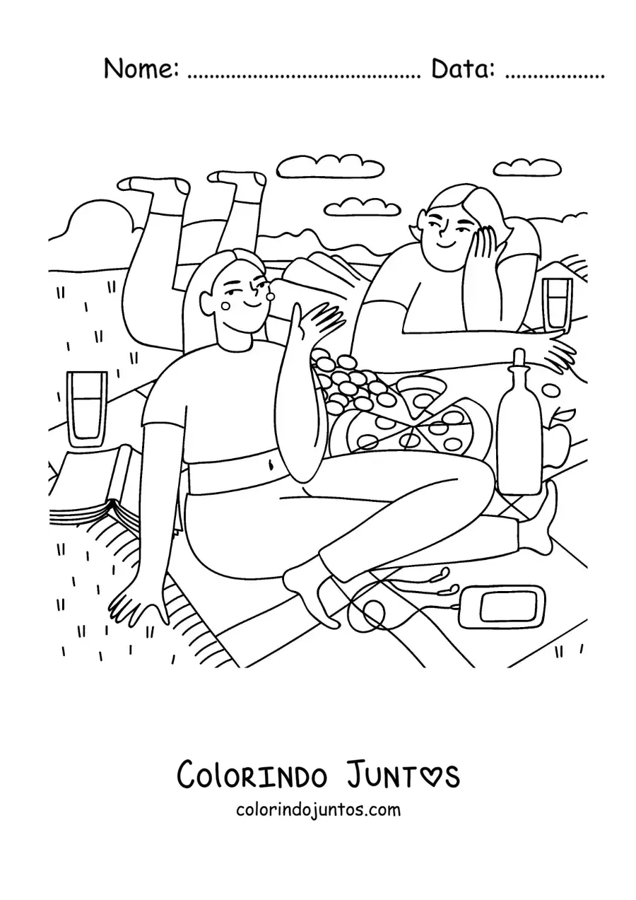 Desenho para colorir de duas amigas comendo pizza em um piquenique