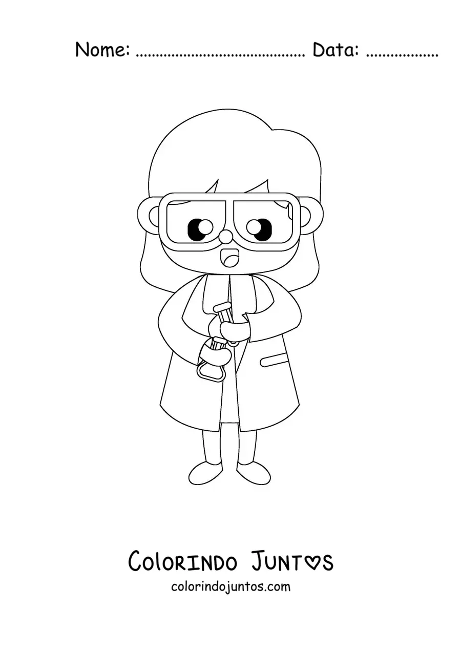 Desenho para colorir de uma mulher cientista kawaii segurando um tubo de ensaio
