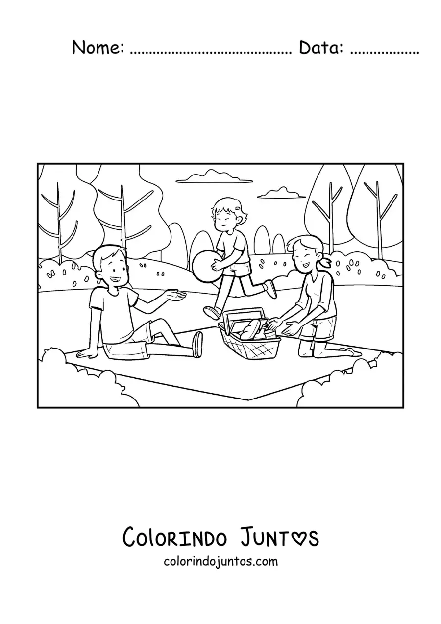 Desenho para colorir de uma menina e seus pais em um piquenique no parque