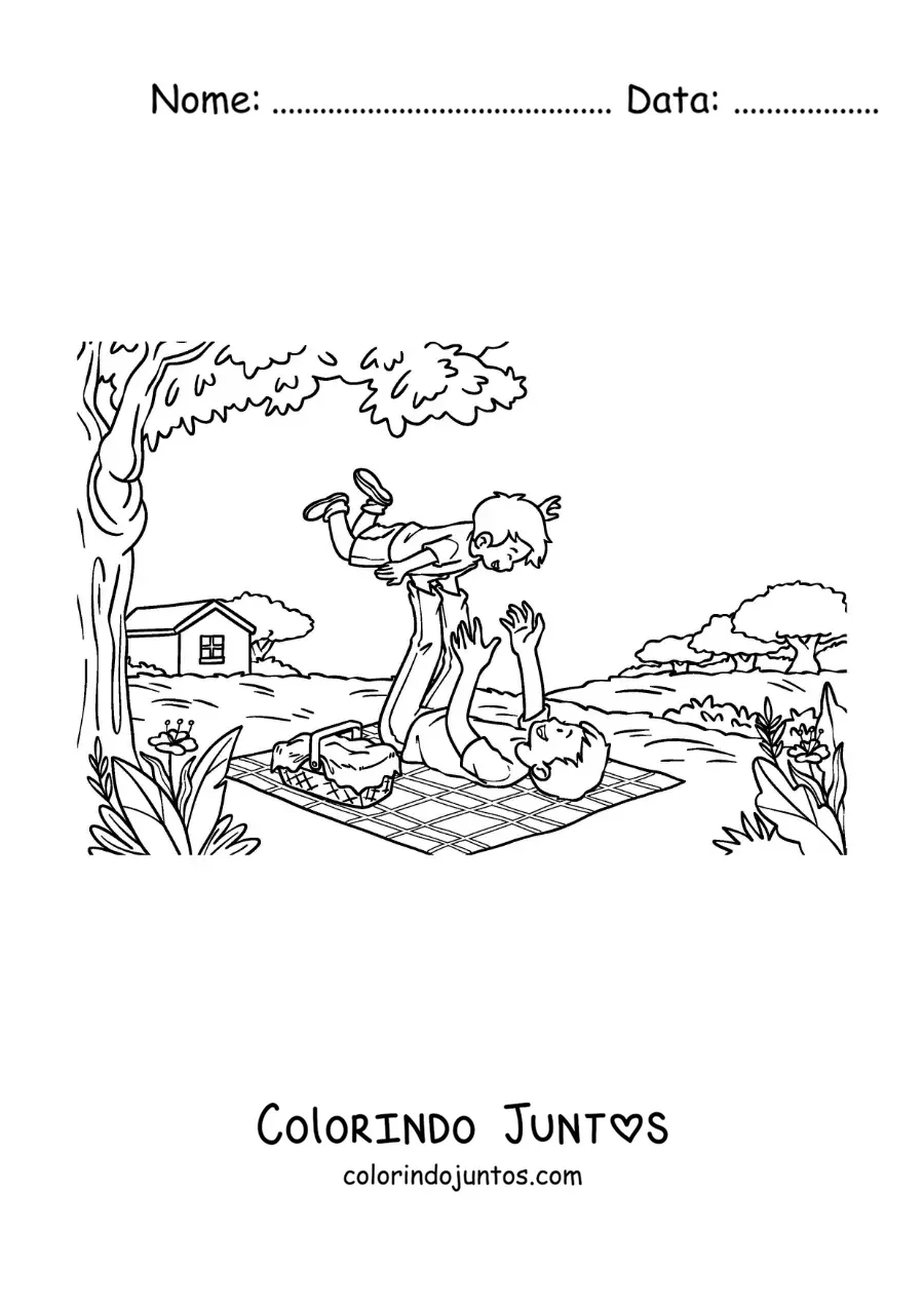 Desenho para colorir de um pai erguendo o filho em um piquenique na natureza