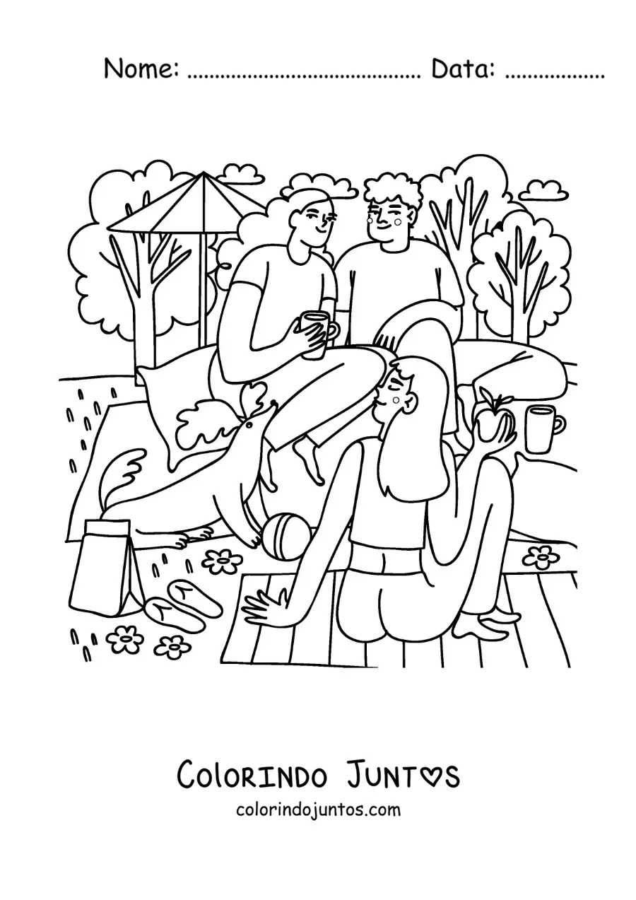 Desenho para colorir de um grupo de amigos adolescentes em um piquenique no parque