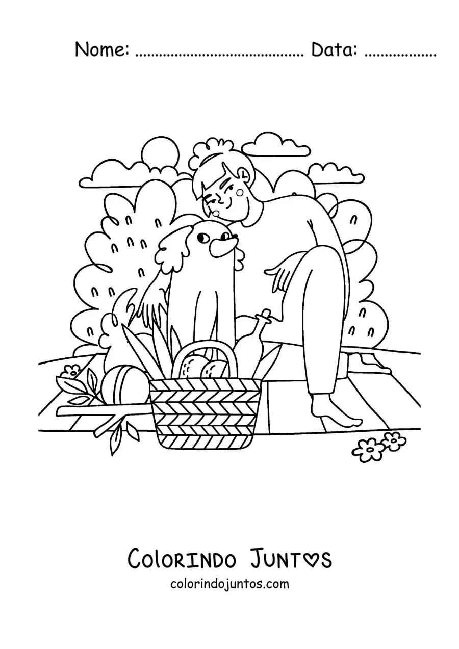 Desenho para colorir de uma garota com seu cachorro em um piquenique no parque