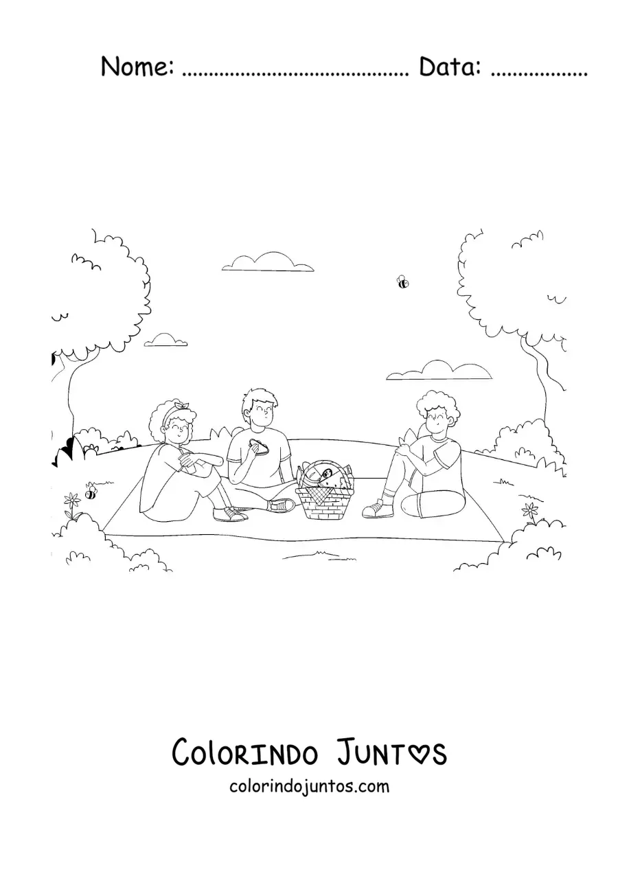 Desenho para colorir de três amigos em um piquenique no parque