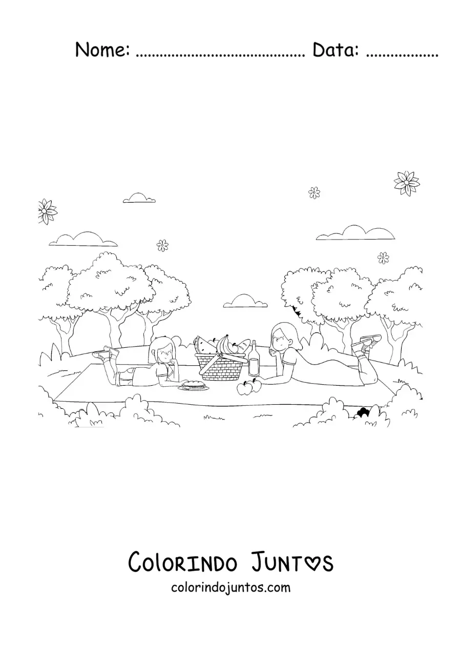 Desenho para colorir de uma mãe e sua filha deitadas em um piquenique no parque