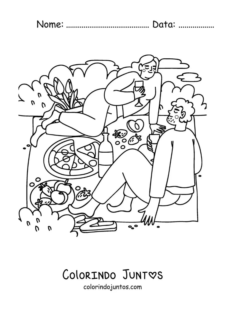 Desenho para colorir de um casal em um piquenique comendo pizza