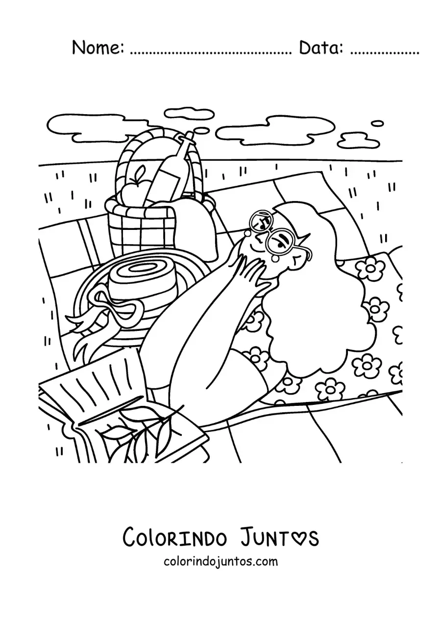 Desenho para colorir de uma garota lendo em um piquenique