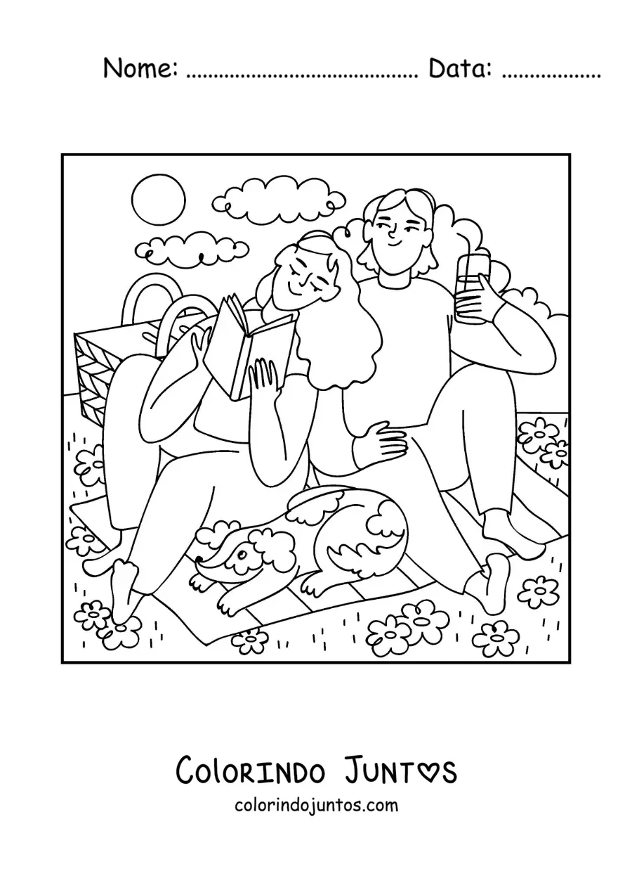 Desenho para colorir de um casal lendo em um piquenique com seu cachorro