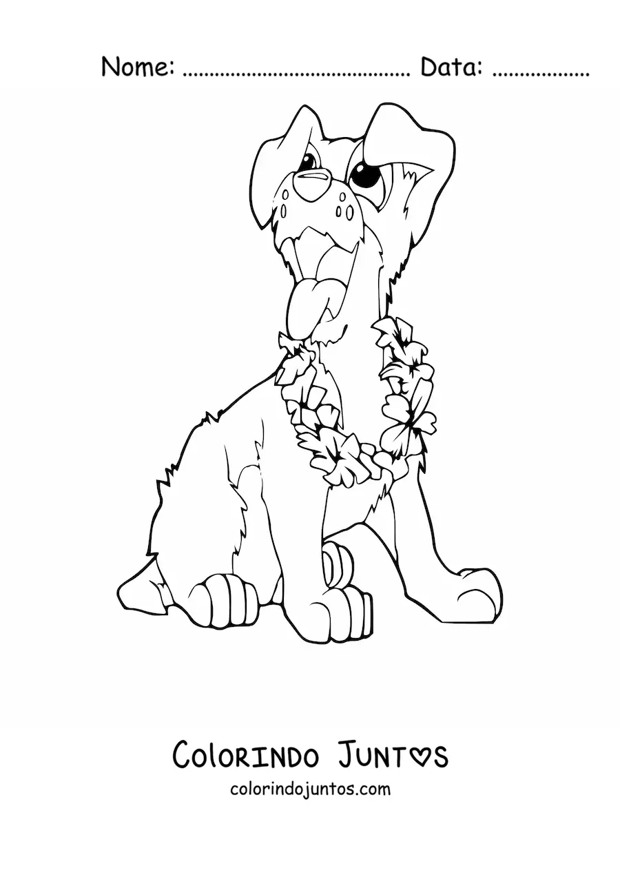 Desenho para colorir de um cachorro animado sentado usando um colar de flores