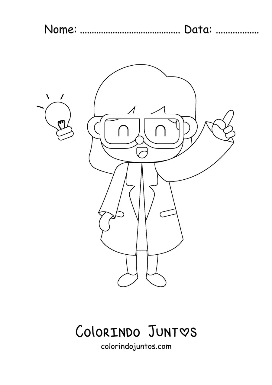 Desenho para colorir de uma mulher cientista kawaii com jaleco de laboratório