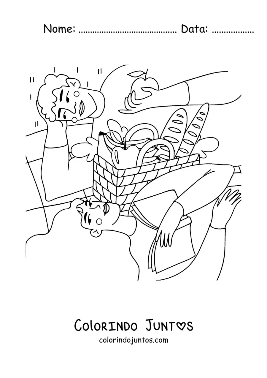 Desenho para colorir de um casal de apaixonados em um piquenique lendo e comendo