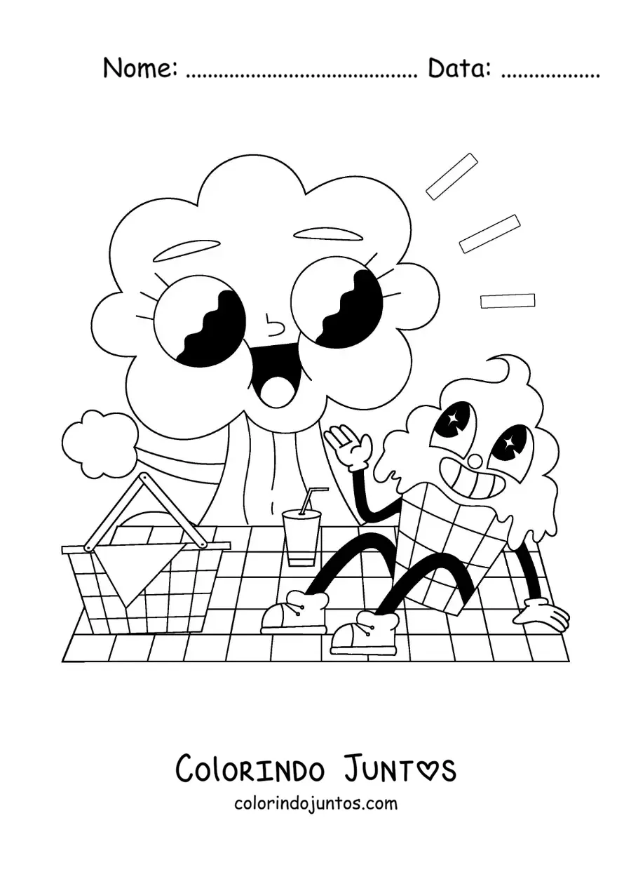 Desenho para colorir de um desenho de um sorvete animado em um piquenique no parque
