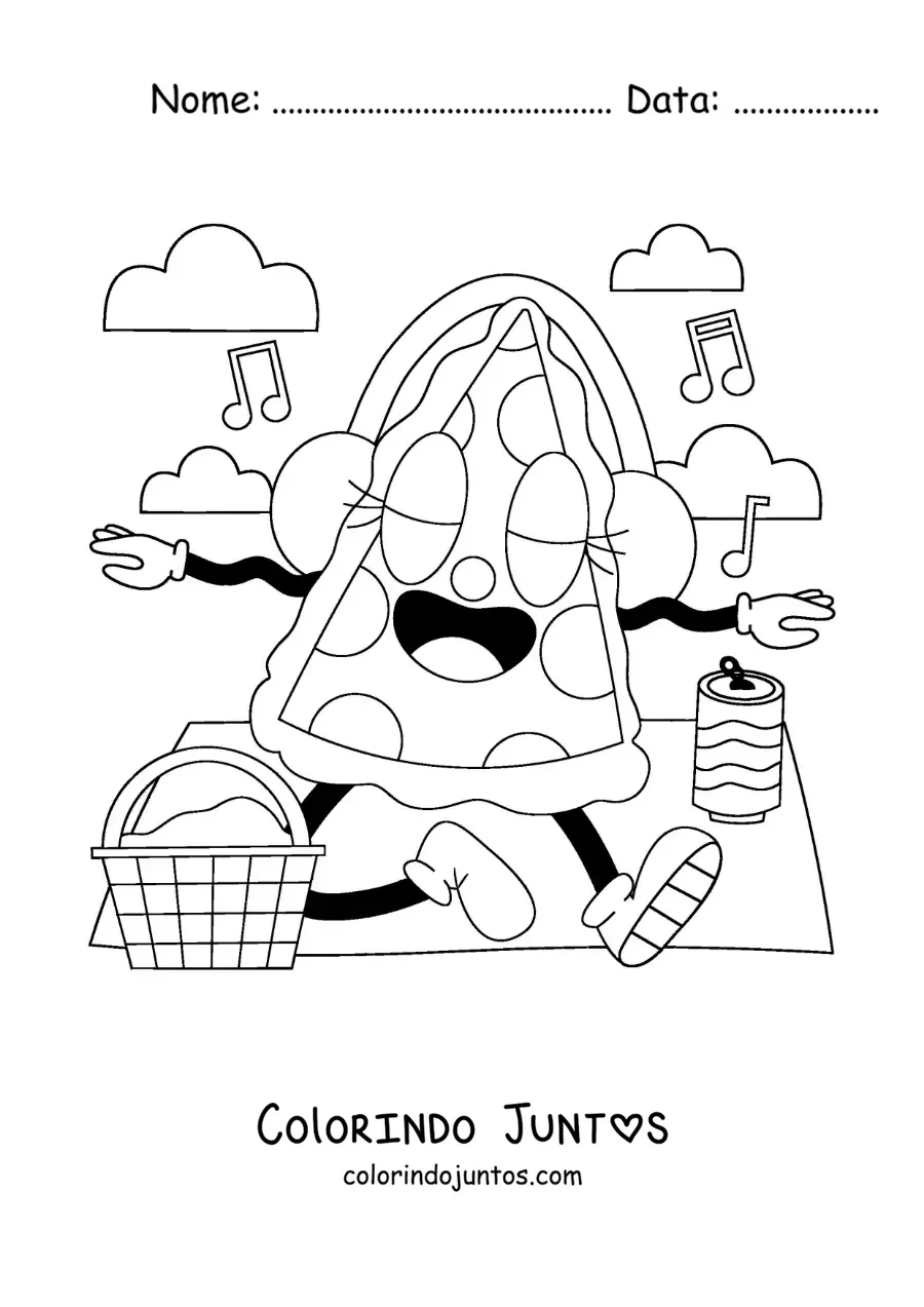 Desenho para colorir de um desenho de uma fatia de pizza animada em um piquenique
