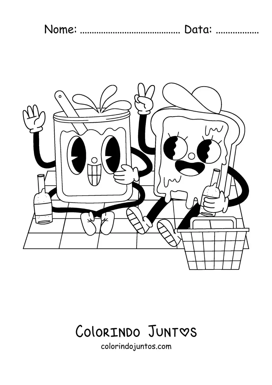 Desenho para colorir de um desenho de um sanduíche animado em um piquenique