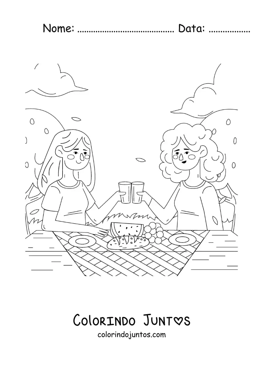Desenho para colorir de duas garotas brindando em uma mesa em um piquenique