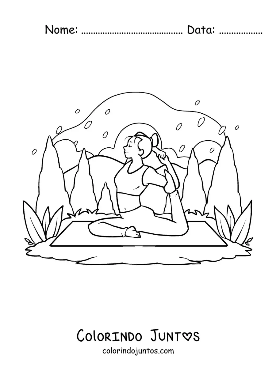 Desenho para colorir de uma garota praticando ioga na natureza